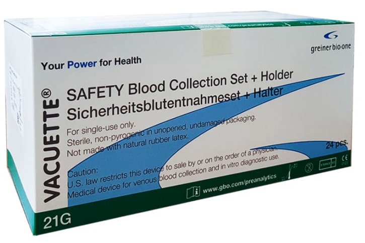 1x безопасен комплект за вземане на кръв G 21 зелен с държач - PU 24 бр. 